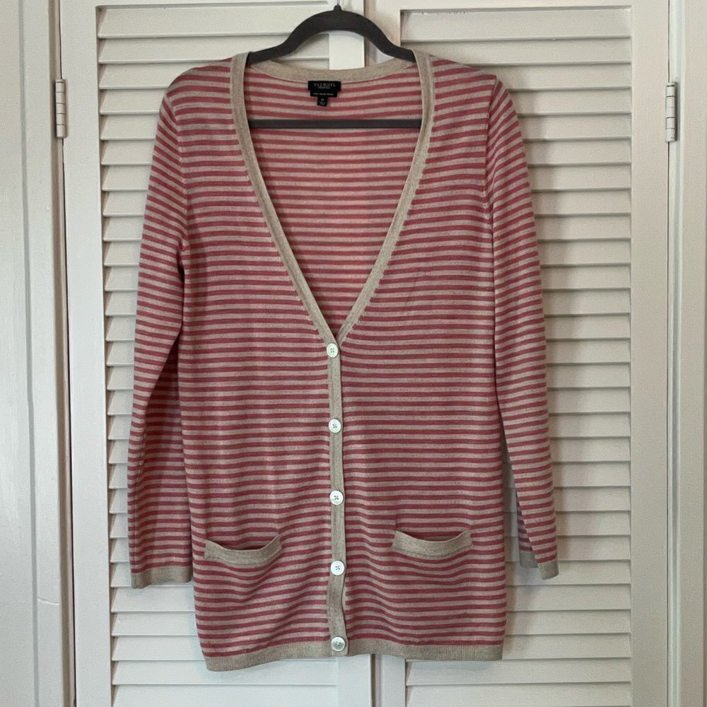 Talbots cardigan sweater long v-neck striped pink merino wool medium